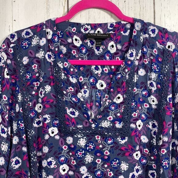 Lane Bryant Womens Floral Boho Peasant Blue Blouse - Picture 3 of 15